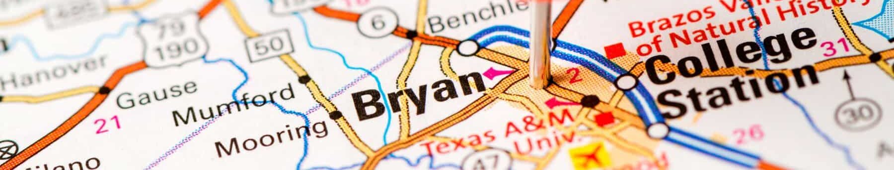 bryan & college station on a map with a pin in it